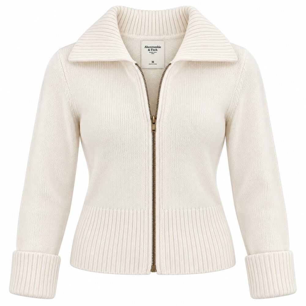Abercrombie & Fitch Cream Zip Front Sweater Cardigan M Quiet Luxury Preppy